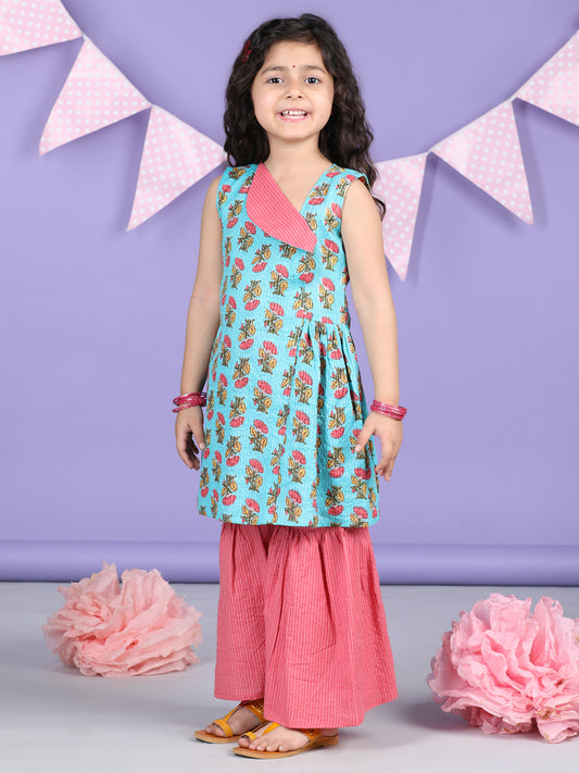 Blue Floral printed Collar style kurti with sharara