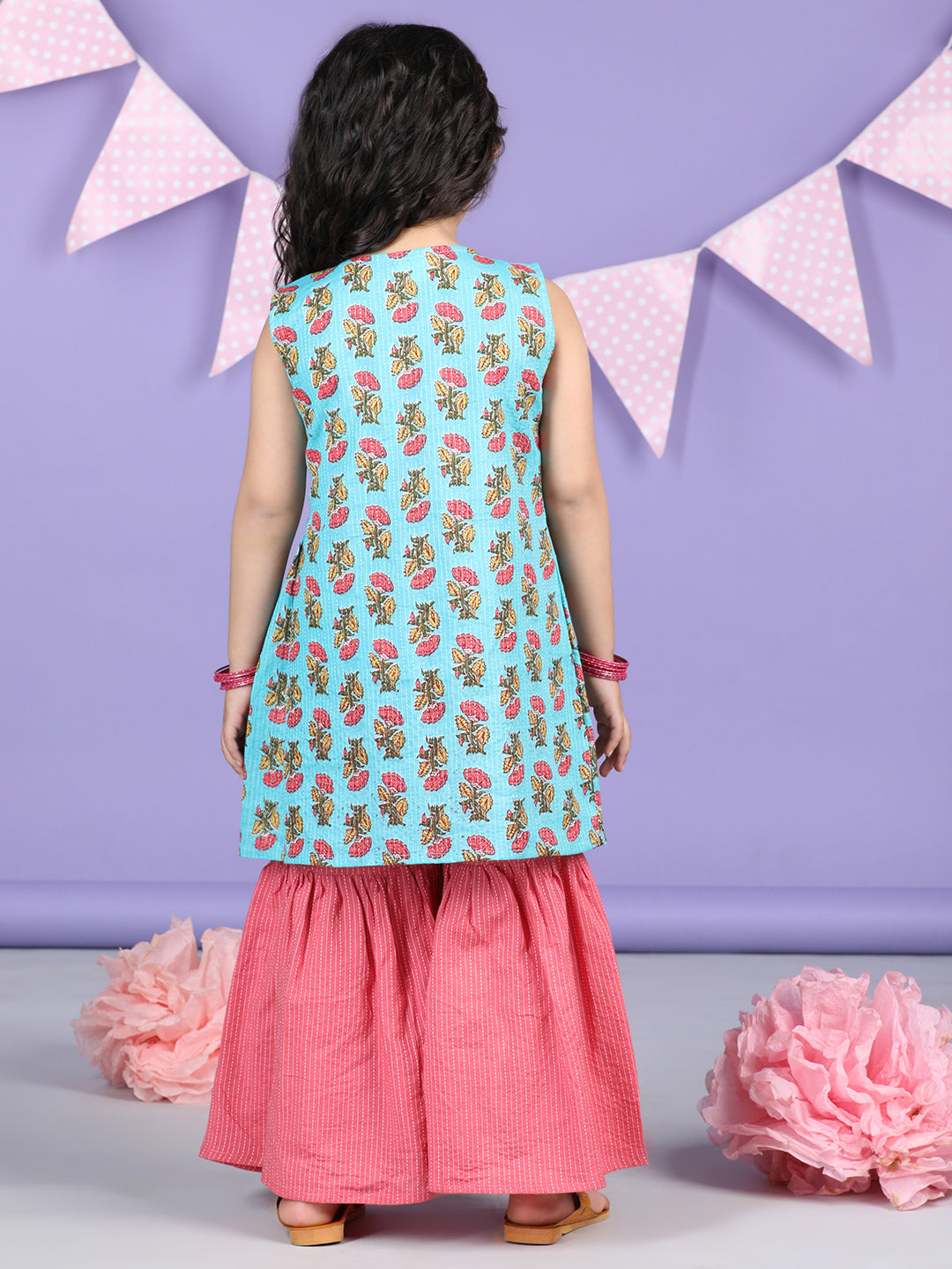 Blue Floral printed Collar style kurti with sharara