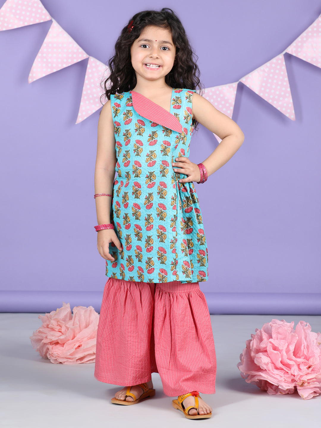 Blue Floral printed Collar style kurti with sharara