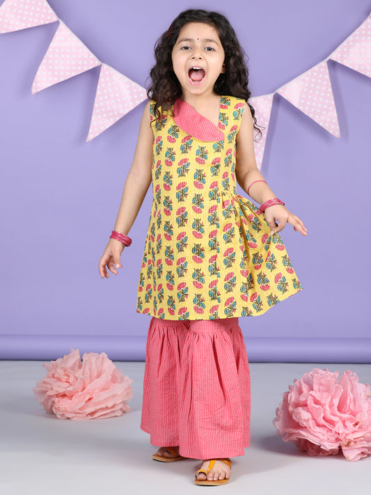 Yellow Floral printed Collar style kurti Sharara set