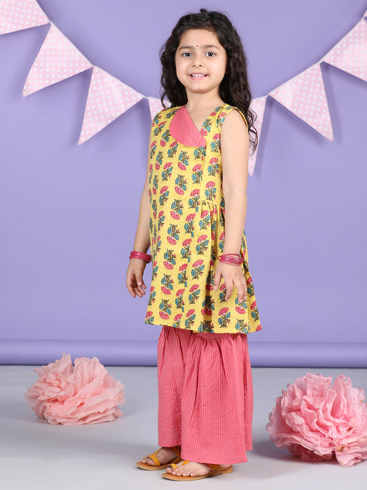 Yellow Floral printed Collar style kurti Sharara set