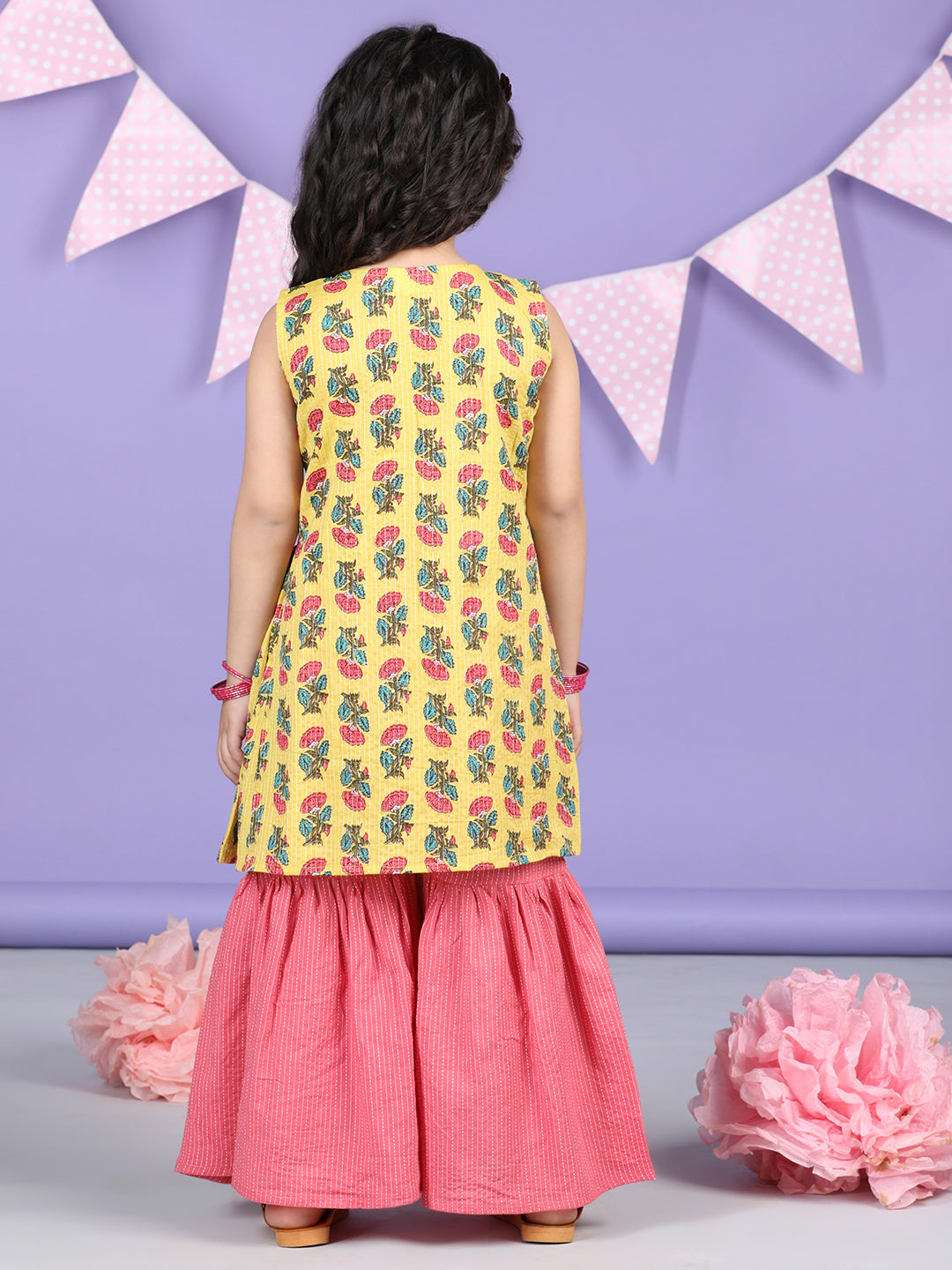 Yellow Floral printed Collar style kurti Sharara set