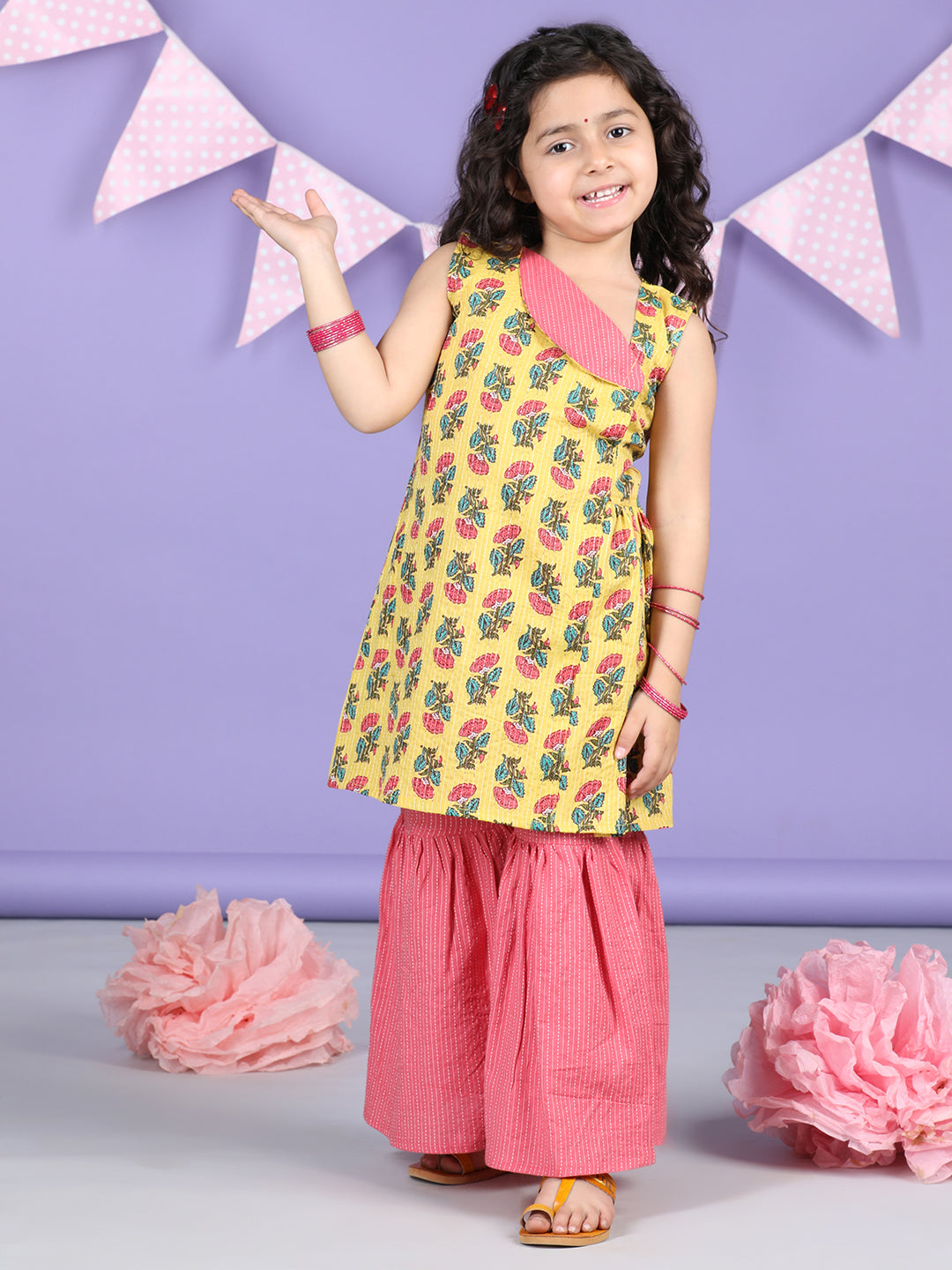 Yellow Floral printed Collar style kurti Sharara set
