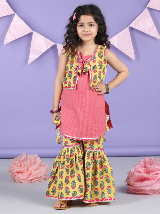 Yellow Floral printed & Peach Kurti jacket Sharara Set