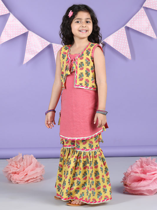 Yellow Floral printed & Peach Kurti jacket Sharara Set