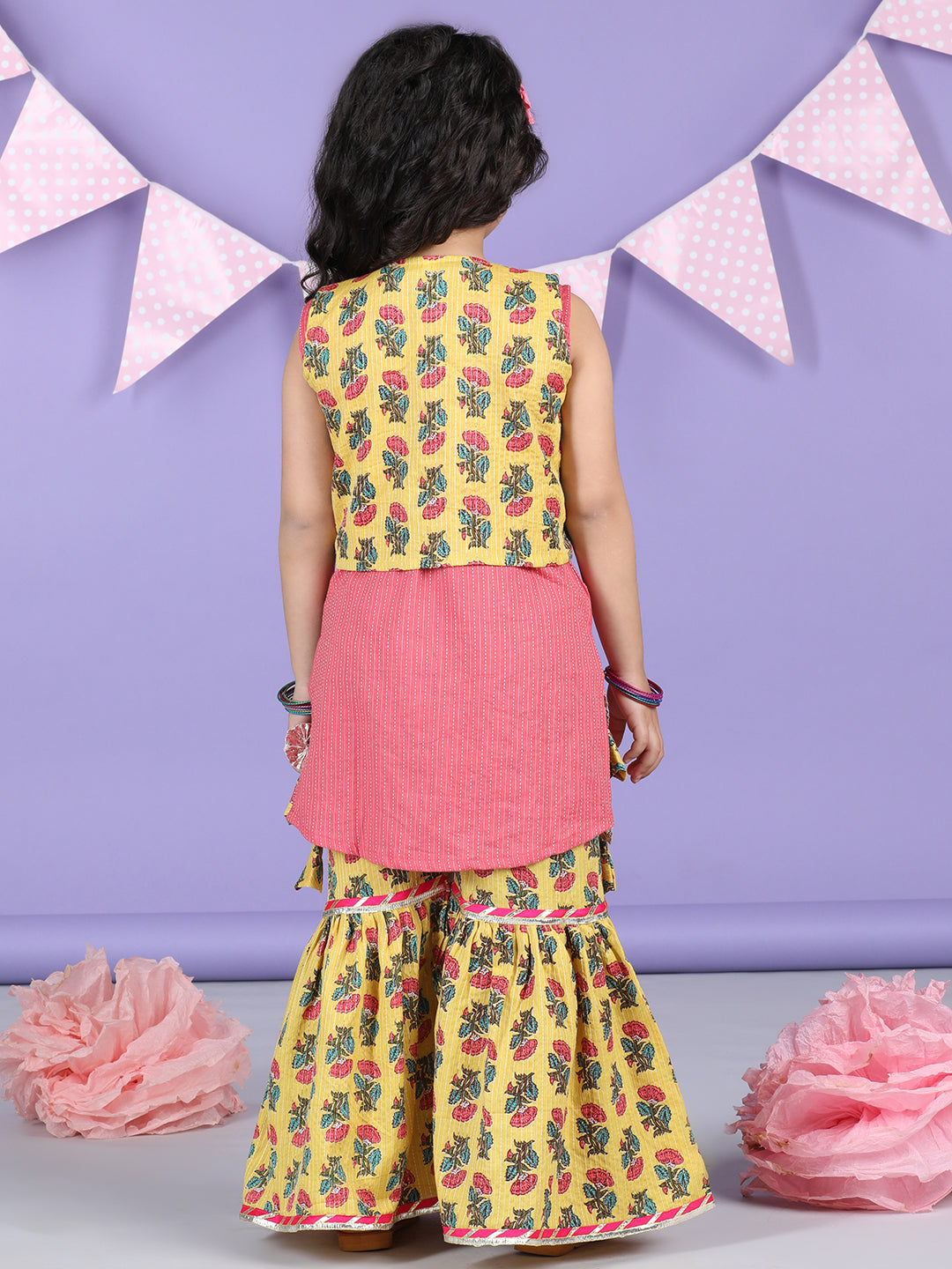 Yellow Floral printed & Peach Kurti jacket Sharara Set