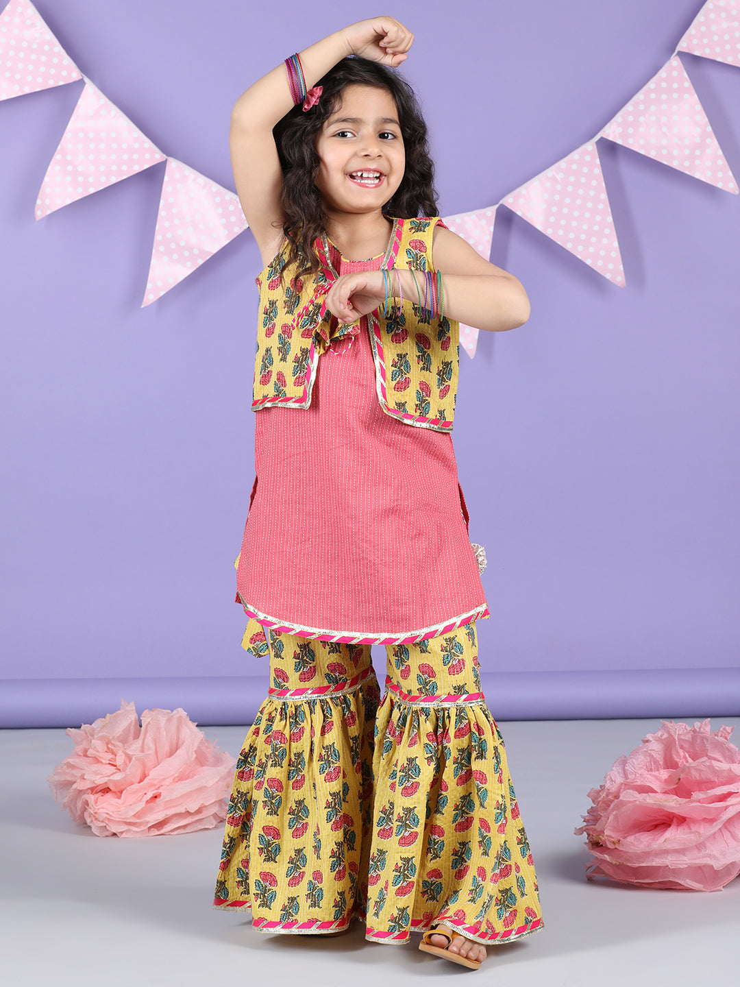 Yellow Floral printed & Peach Kurti jacket Sharara Set
