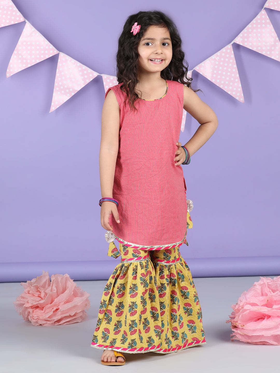 Yellow Floral printed & Peach Kurti jacket Sharara Set