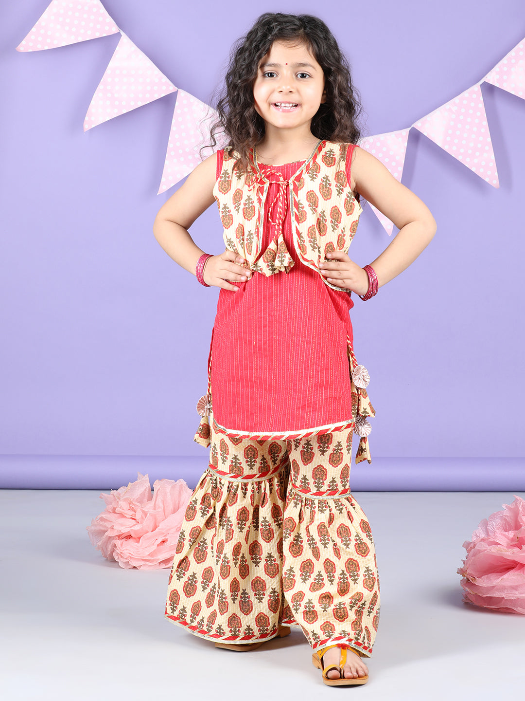 White Floral printed & Red Kurti jacket Sharara Set