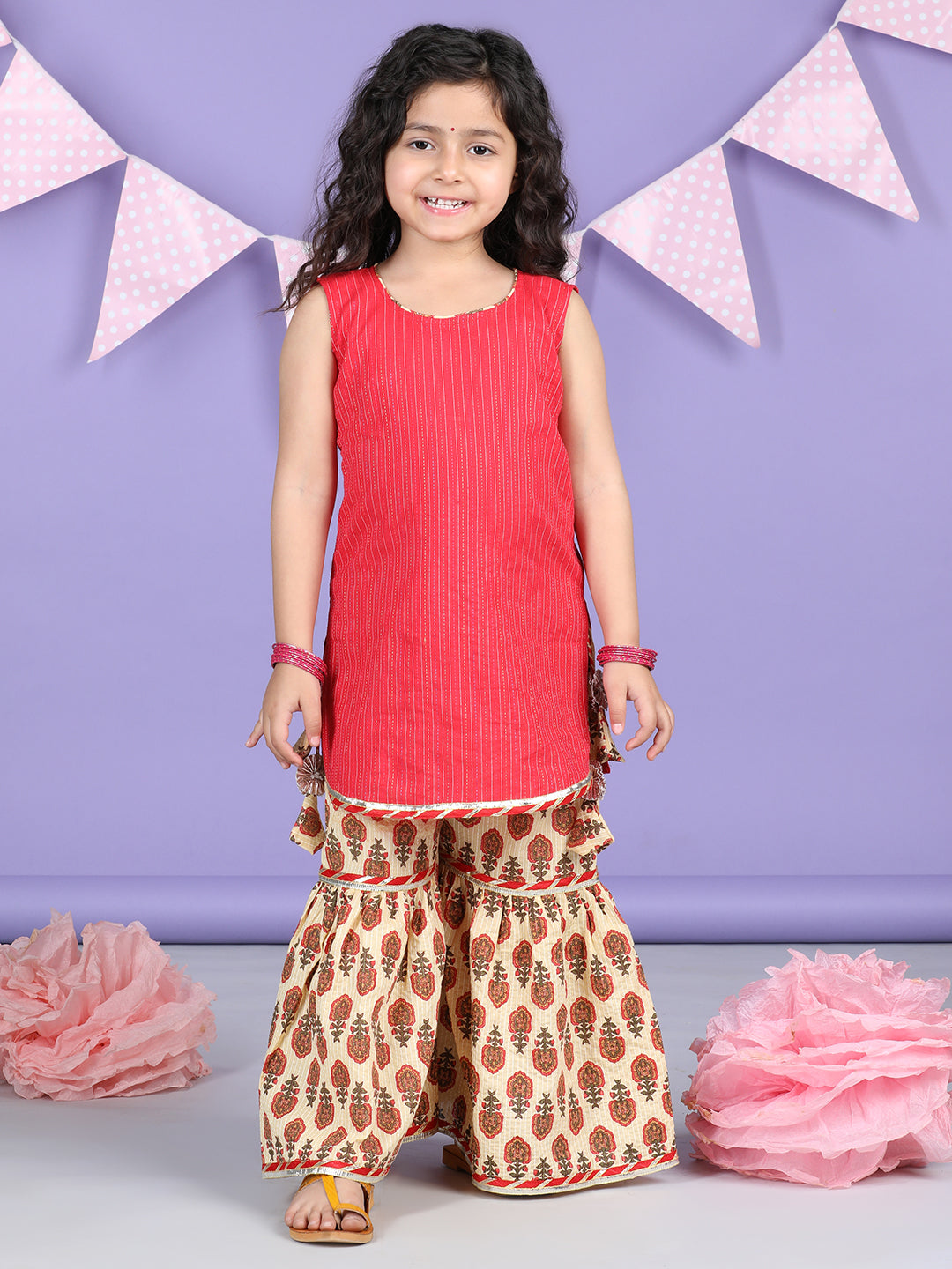 White Floral printed & Red Kurti jacket Sharara Set