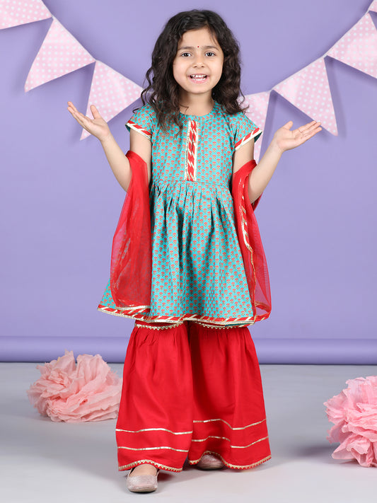 Blue & Red Kurti Sharara Set