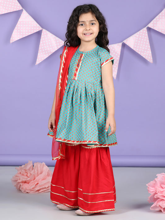 Blue & Red Kurti Sharara Set