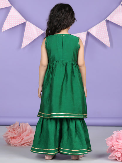 Green sleeveless embroidered Kurti Sharara set