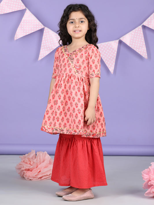 Peach & Red Cotton katha printed Kurti Sharara Set