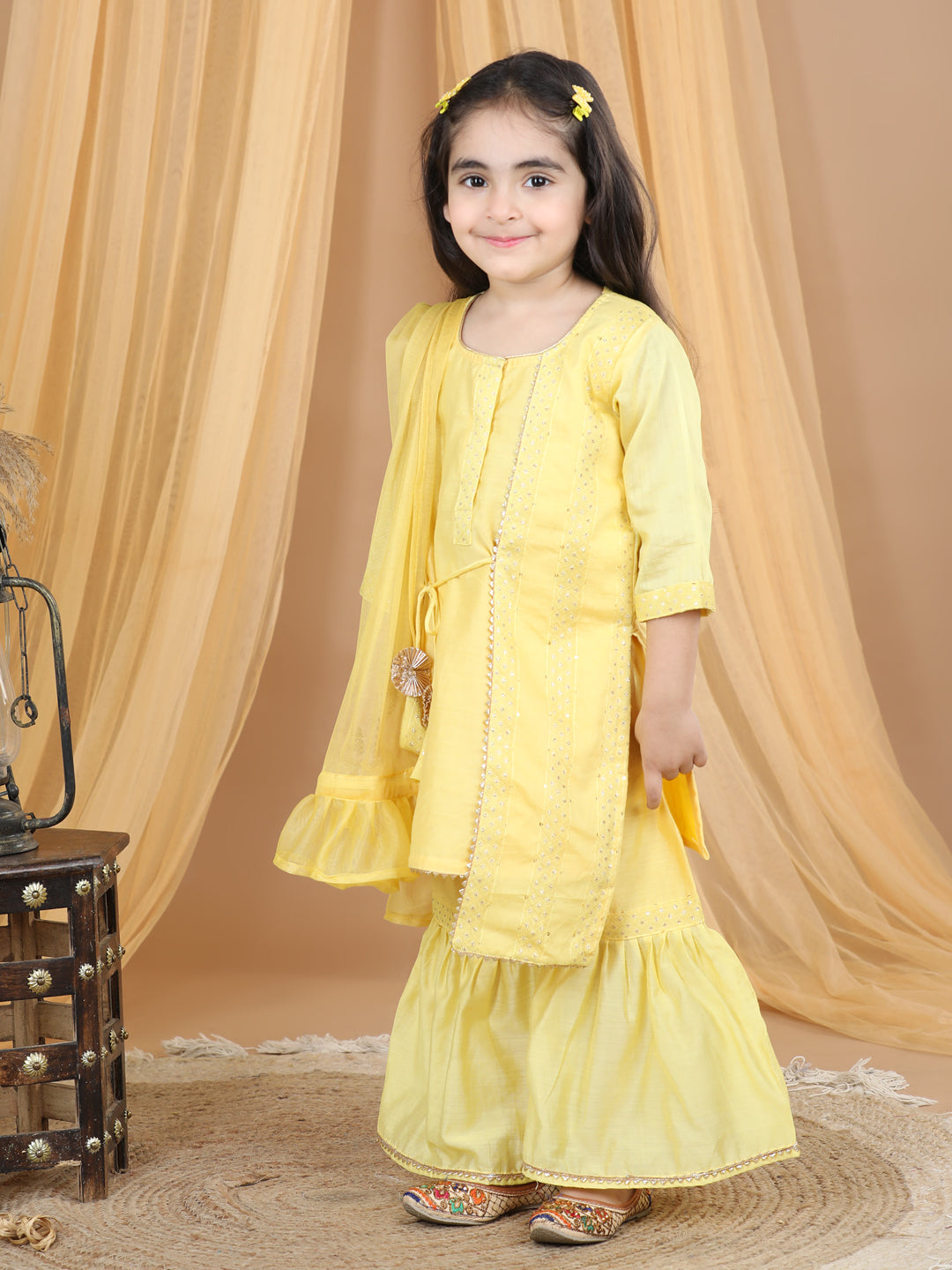 Yellow Embellished Embroidered Side Tie Up Kurta With Sharara & Dupatta