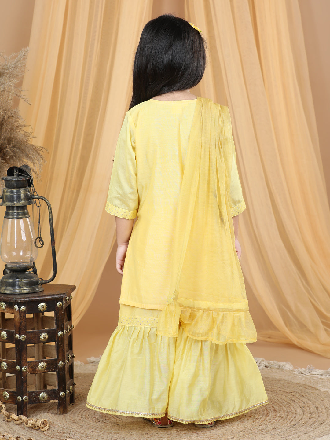 Yellow Embellished Embroidered Side Tie Up Kurta With Sharara & Dupatta