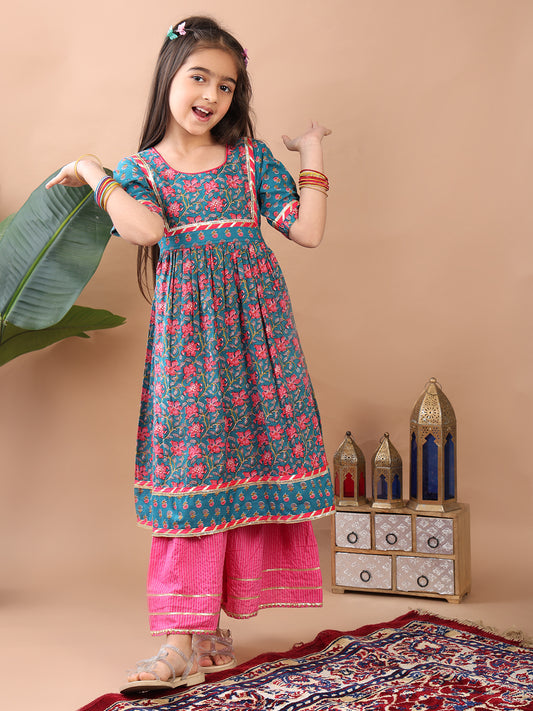 Blue kurti paired with Pink Sharara pant