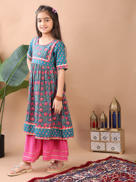 Blue kurti paired with Pink Sharara pant