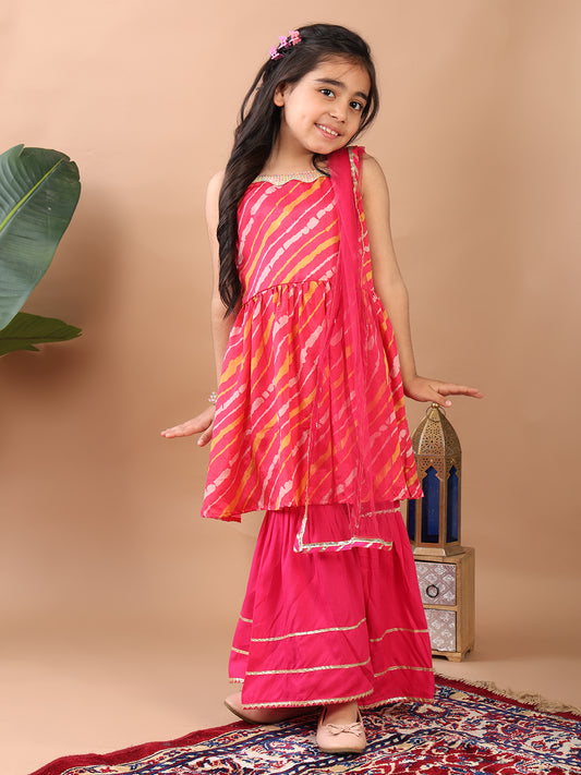 Pink Lehriya printed sleeveless Kurti paired with pink sharara pant and dupatta