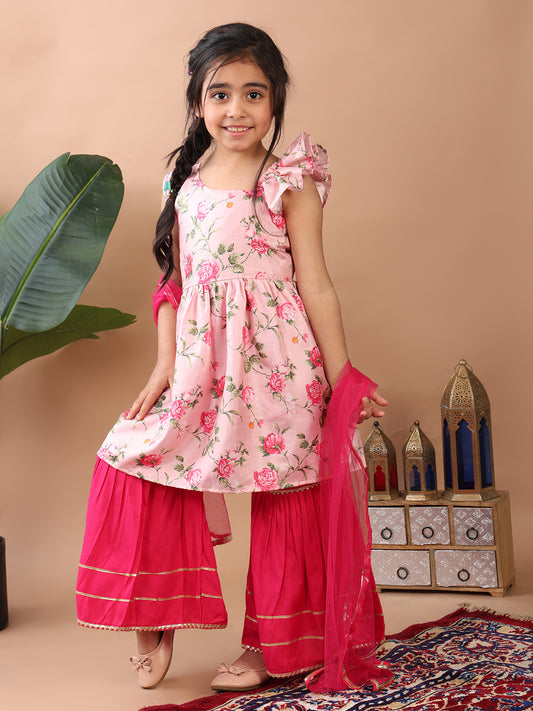 Pink Floral printed sleeveless Kurti paired with pink sharara pant and dupatta
