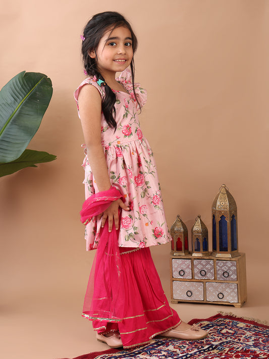 Pink Floral printed sleeveless Kurti paired with pink sharara pant and dupatta
