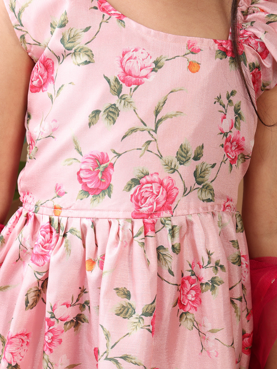 Pink Floral printed sleeveless Kurti paired with pink sharara pant and dupatta