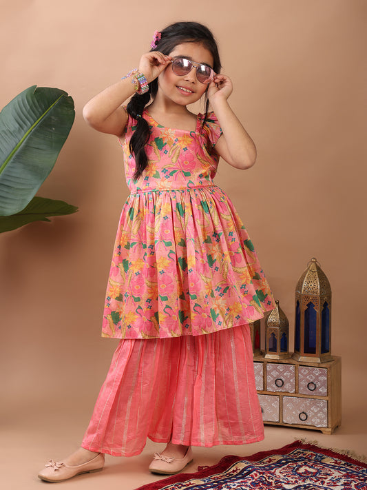 Pink Floral printed sleeveless Kurti paired with pink Lurex sharara pant and dupatta