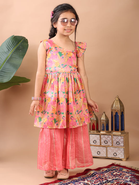 Pink Floral printed sleeveless Kurti paired with pink Lurex sharara pant and dupatta