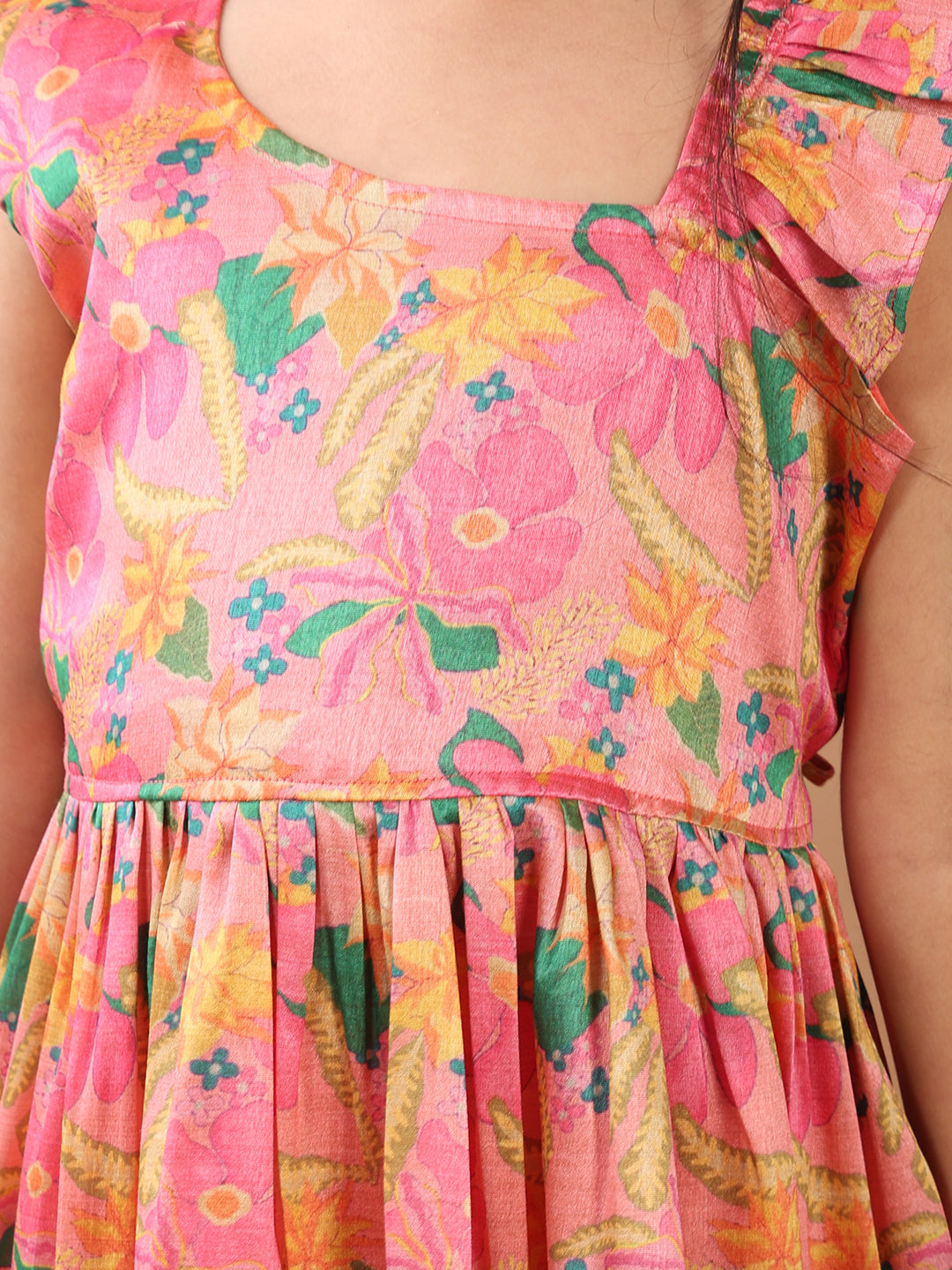 Pink Floral printed sleeveless Kurti paired with pink Lurex sharara pant and dupatta