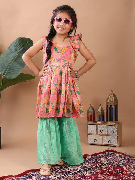 Pink Floral printed sleeveless Kurti paired with Green lurex sharara pant and dupatta