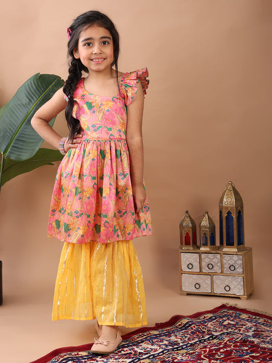 Pink Floral printed sleeveless Kurti paired with Yellow Lurex sharara pant and dupatta