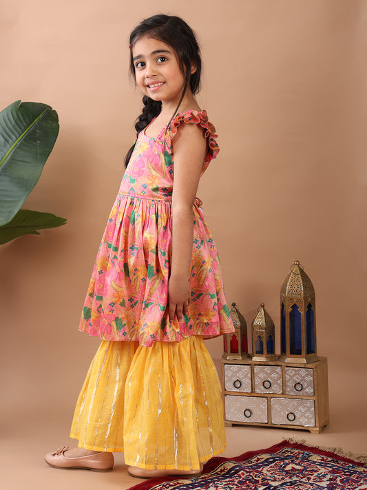Pink Floral printed sleeveless Kurti paired with Yellow Lurex sharara pant and dupatta