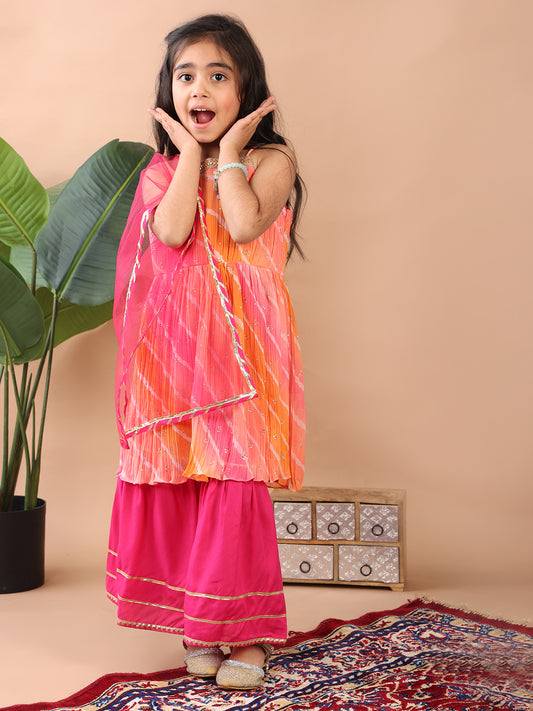 Pink Crushed Lehriya printed sleeveless Kurti paired with pink sharara pant and dupatta