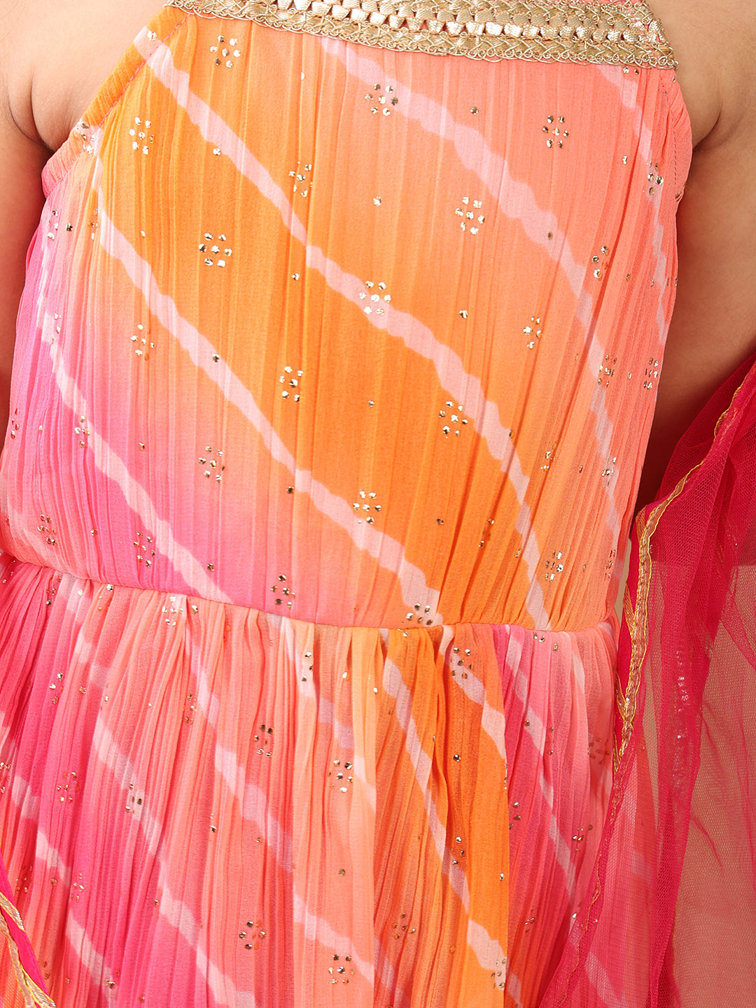 Pink Crushed Lehriya printed sleeveless Kurti paired with pink sharara pant and dupatta