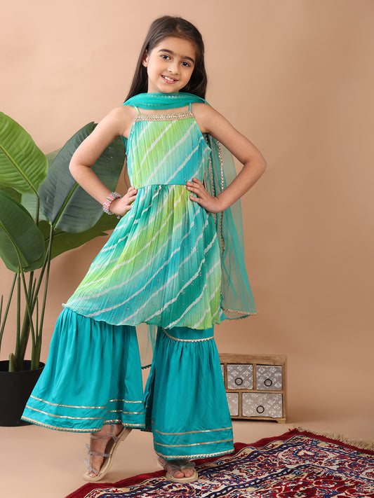 Green Crushed Lehriya printed sleeveless Kurti paired with green sharara pant and dupatta