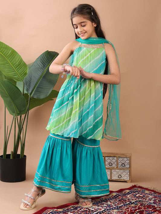 Green Crushed Lehriya printed sleeveless Kurti paired with green sharara pant and dupatta
