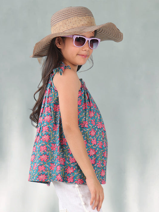 Blue floral buti sleeveless Top