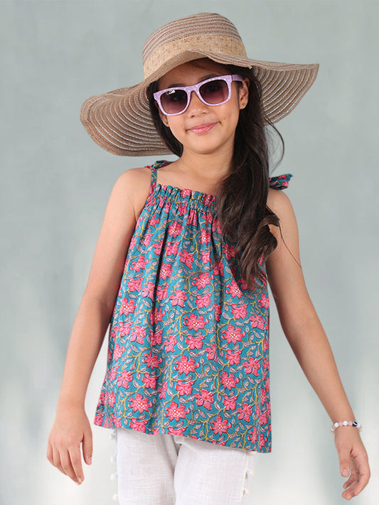 Blue floral buti sleeveless Top