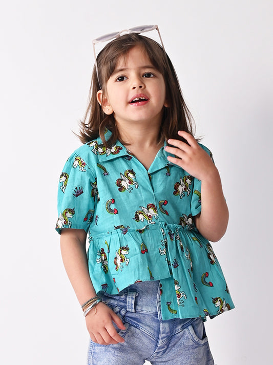 Blue Unicorn Printed High Low Top