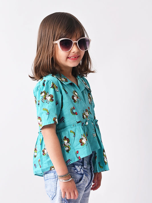 Blue Unicorn Printed High Low Top