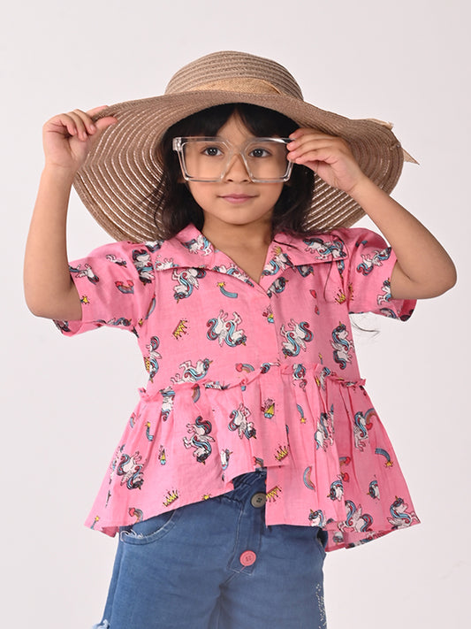 Pink Unicorn Printed High Low Top