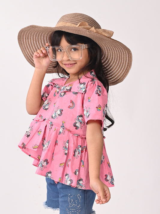 Pink Unicorn Printed High Low Top