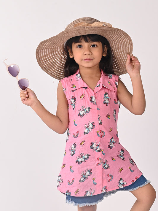 Pink Unicorn Printed Sleevless shirt style Top