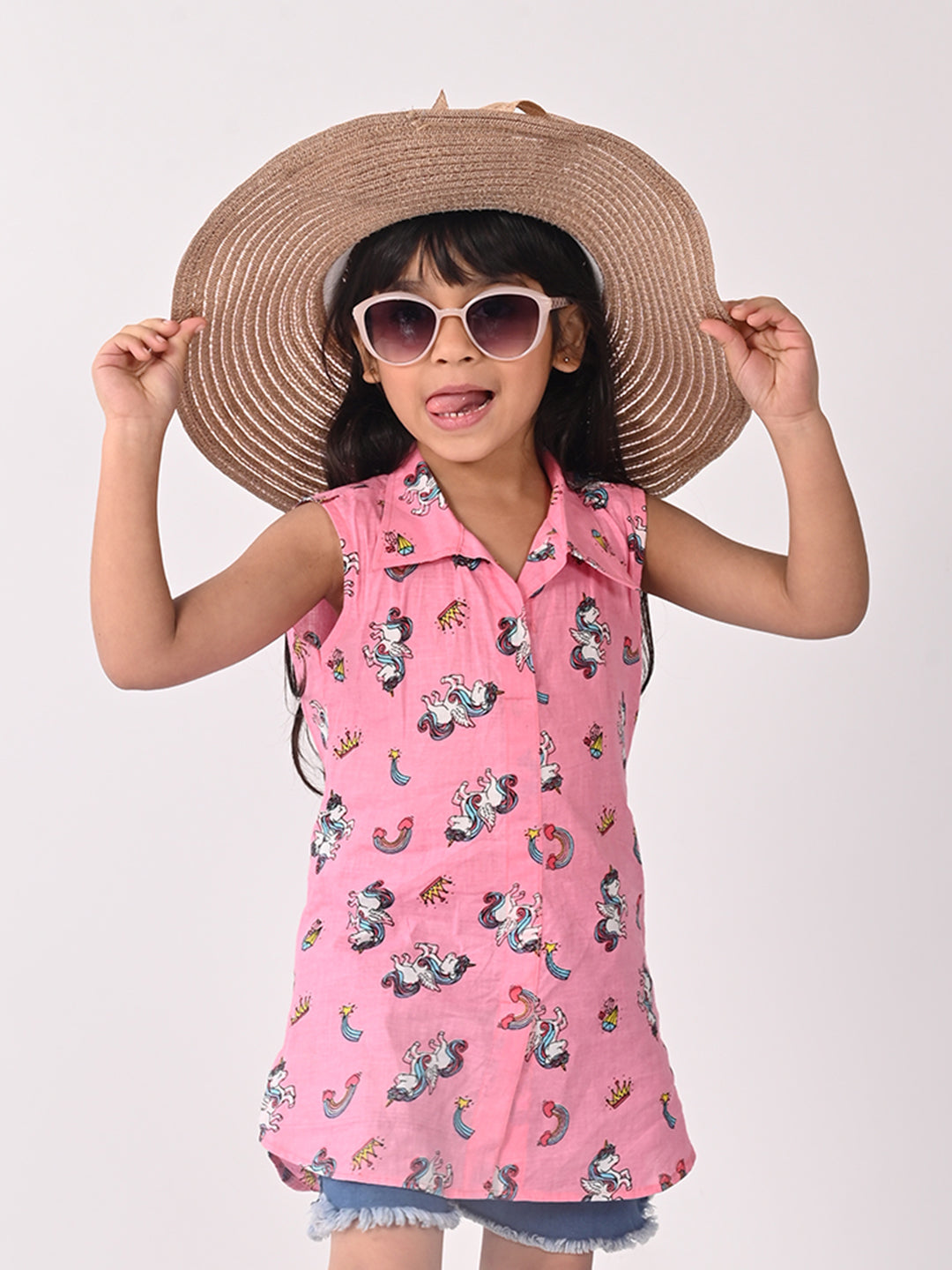 Pink Unicorn Printed Sleevless shirt style Top