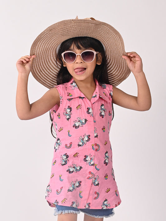 Pink Unicorn Printed Sleevless shirt style Top