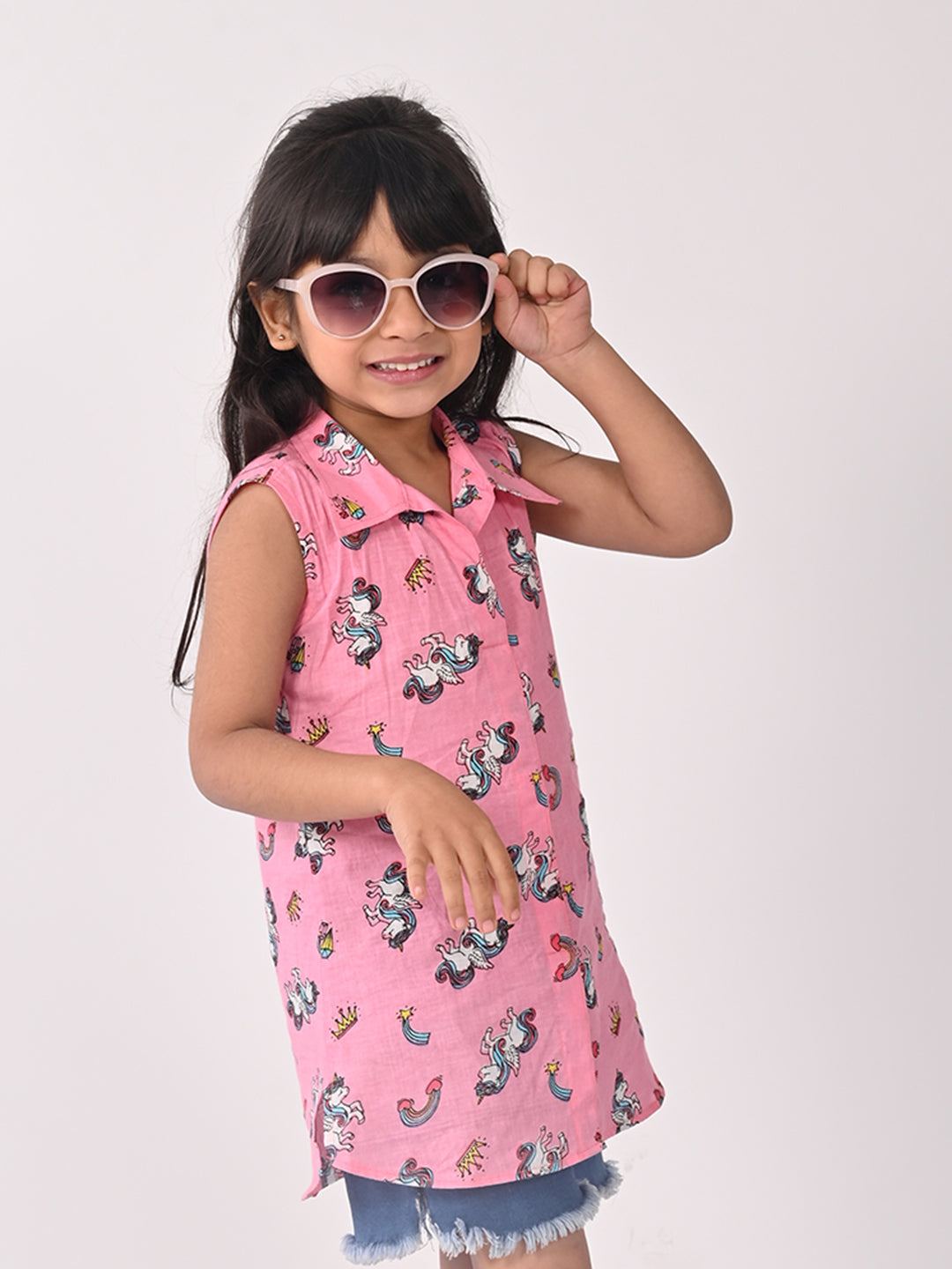 Pink Unicorn Printed Sleevless shirt style Top