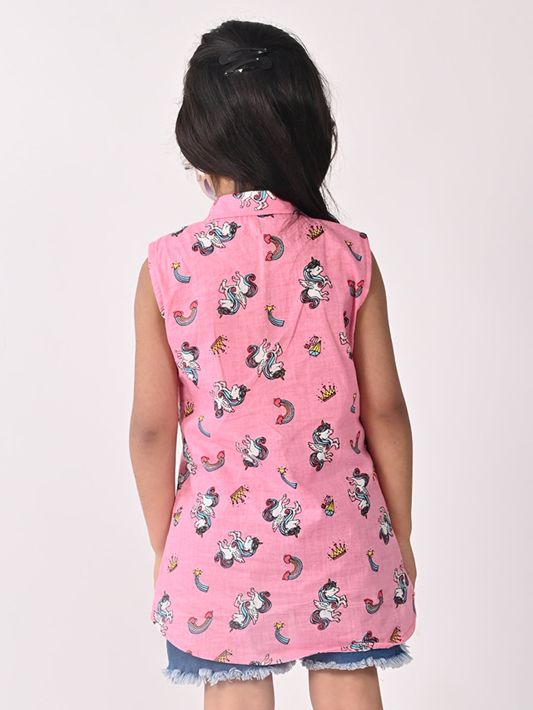 Pink Unicorn Printed Sleevless shirt style Top