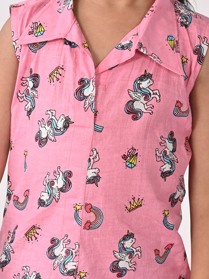 Pink Unicorn Printed Sleevless shirt style Top