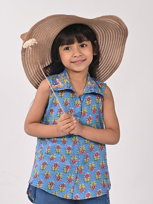 Blue Cotton Floral Printed Sleevless shirt style Top