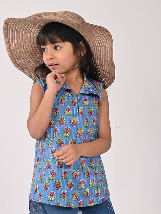 Blue Cotton Floral Printed Sleevless shirt style Top